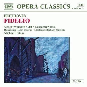 "Album cover for Beethoven's Fidelio, featuring a painting of a dramatic scene."