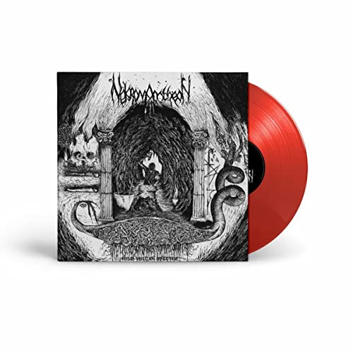 Nekromantheon album cover and red vinyl record against a white background.