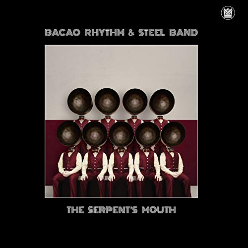 Album cover showing people in red vests with steel pans replacing their heads.