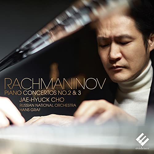 Pianist Jae-Hyuck Cho performing, album cover for Rachmaninov piano concertos.