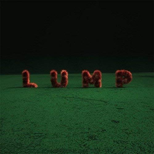 Fuzzy red letters spelling "LUMP" on a textured green surface.