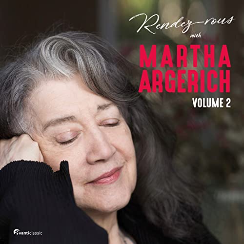Close-up portrait of pianist Martha Argerich on a CD cover.