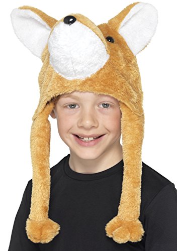 A young boy wears an orange fox hat with white ears and face.