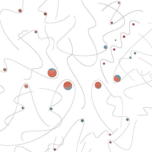 Abstract white background with blue and red circular shapes and lines.