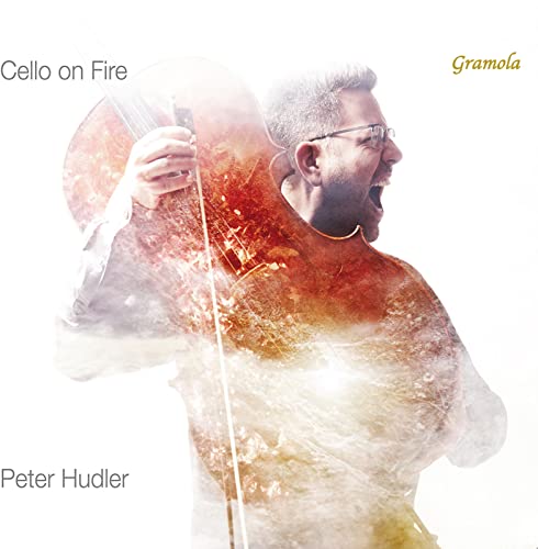 Cellist Peter Hudler with fiery, abstract imagery on album cover.