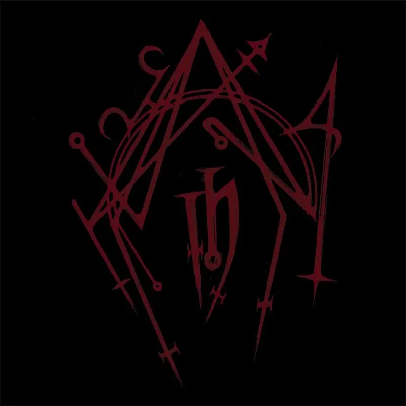 Red, abstract sigil-like design on a black background, Hyrgal CD cover.