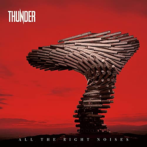 Thunder album cover: abstract sculpture against a red and orange sky.