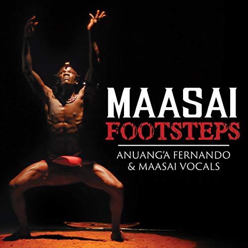 "CD cover with a shirtless man dancing, text 'Maasai Footsteps' in white and red."