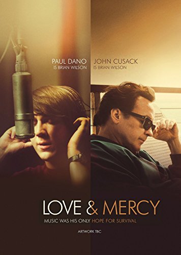 "DVD case with beach scene and 'love & mercy' title, featuring actor headshots."