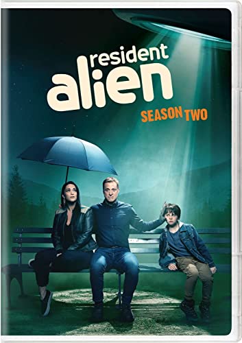 Resident Alien" Season Two DVD cover with three people on a park bench.