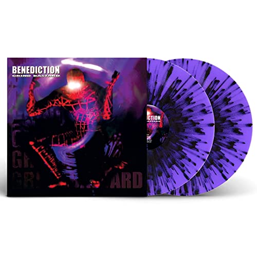 Benediction “Grind Bastard” vinyl record with purple and black splatter discs.