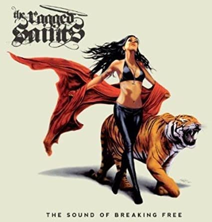 CD cover: woman riding a tiger, dramatic red fabric, band logo.