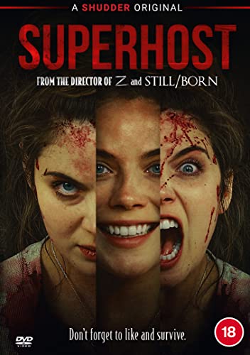 DVD cover for horror film "Superhost" featuring a distressed woman’s face.