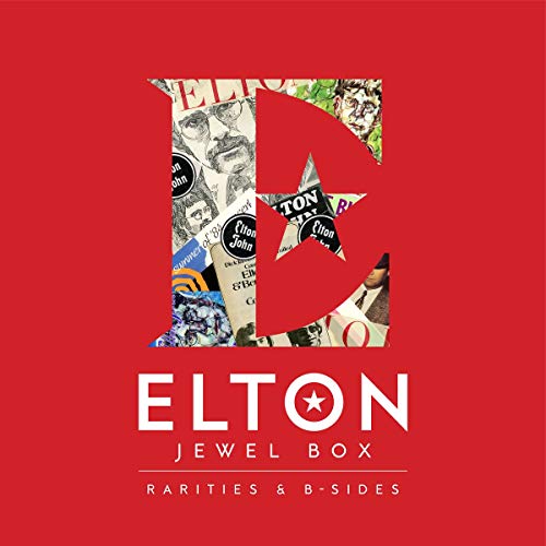 Red vinyl album cover with "Elton John Jewel Box" and three black vinyl records.