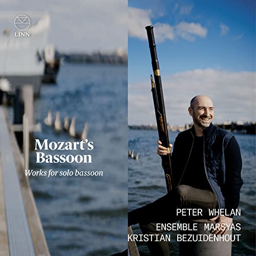 CD cover featuring a bassoon and smiling musician by the water.