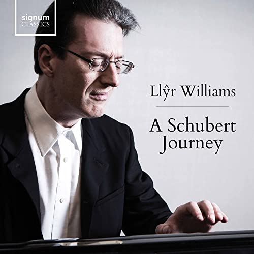 Pianist Llyr Williams in suit and glasses, album cover art.