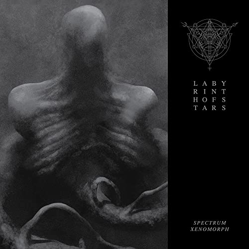 Dark, textured image of a humanoid creature with geometric design and text.