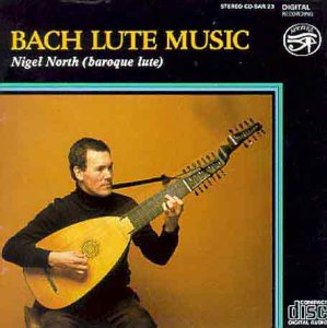 Nigel North holding a lute, CD cover with yellow and black background.
