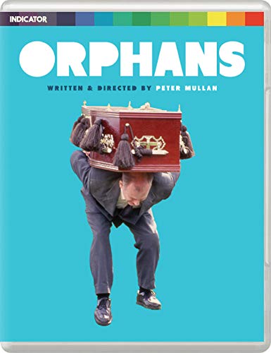 Blu-ray cover for "Orphans" showing a man carrying a small red coffin.