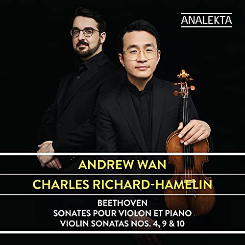 CD cover featuring two musicians with a violin, text details Beethoven sonatas.