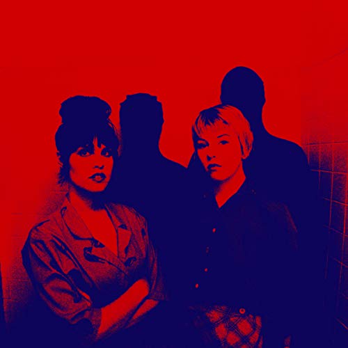 Red and blue image of three people in a tiled room.