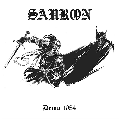Black and white illustration of armored figures with swords, "Sauron - Demo 1984".