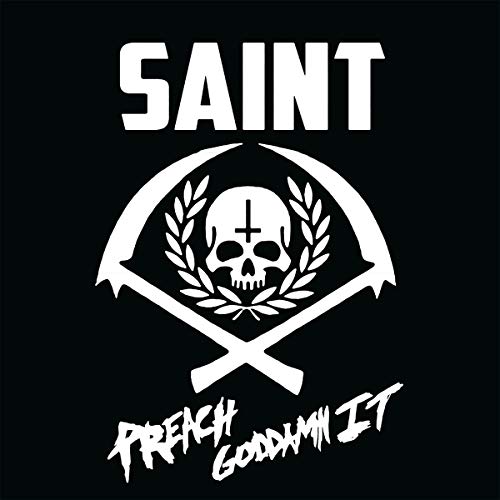 Black album cover with white skull, scythes, and "SAINT" text.