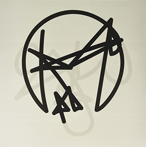 Vinyl record cover with abstract black lines and a shadow effect.