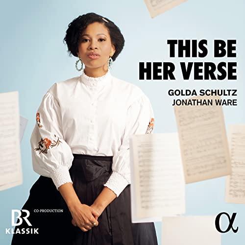 Golda Schultz portrait with sheet music and album title "This Be Her Verse".