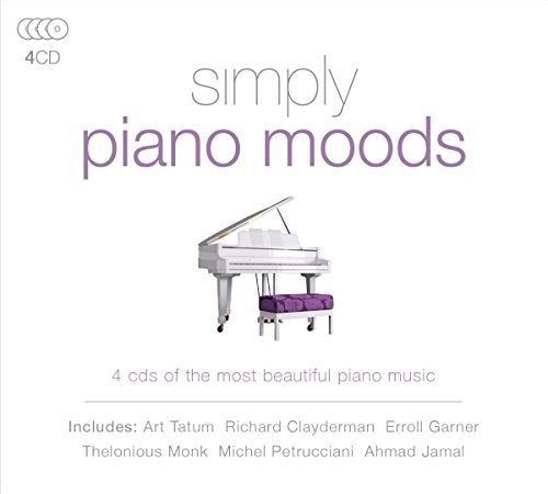 A white grand piano and bench on a white background with "simply piano moods" text.