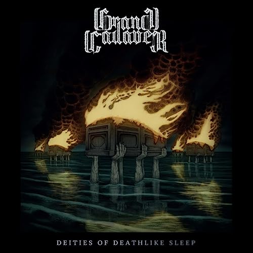 Burning structures on water, dark sky, album cover for Grand Cadaver.