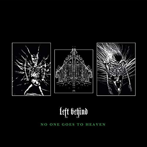Black album cover with white and green text and three white illustrations on it.