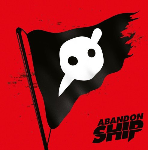 "Black pirate flag with white speech bubble on red background, 'Abandon Ship' text below."