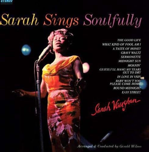 Sarah Vaughan album cover, showing her performing with a microphone.