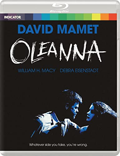 Blu-ray cover for "Oleanna" featuring a tense scene with two actors.