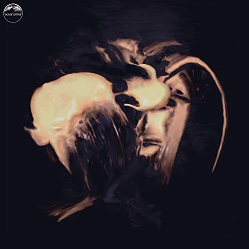 "Black vinyl record sleeve with abstract, ghostly face and smoke-like design on a dark background."