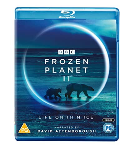 Blu-ray cover for "Frozen Planet II" featuring a polar bear and cub.