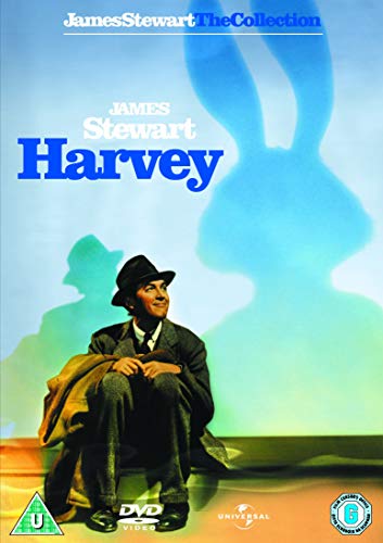 DVD cover for "Harvey" featuring James Stewart sitting with a shadowy rabbit behind him.