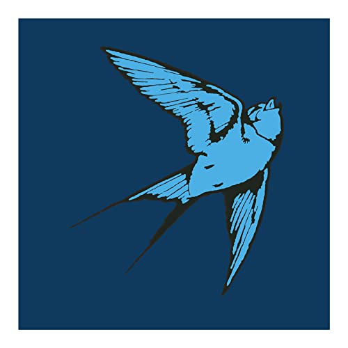 Blue bird in flight against a dark blue square background.