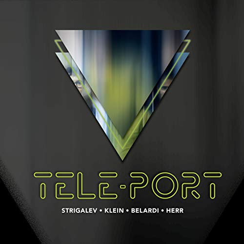 "Album cover with 'Tele-Port' in neon green text and a triangular design on dark background."