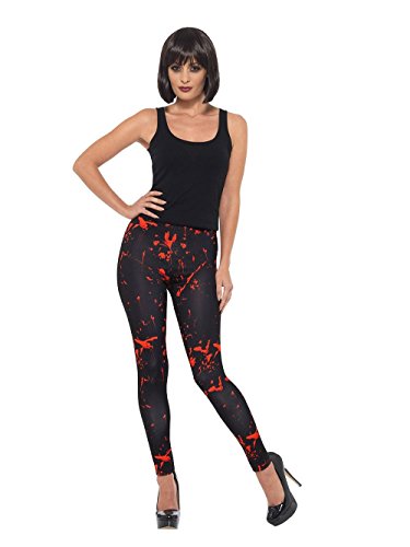 Woman wearing black leggings with red splatter design, black tank top, and high heels.