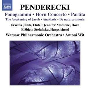 CD cover with abstract blue image and text listing Penderecki's musical compositions.