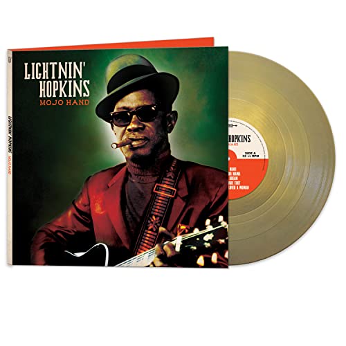 Lightnin' Hopkins "Mojo Hand" vinyl record with portrait cover and gold disc.