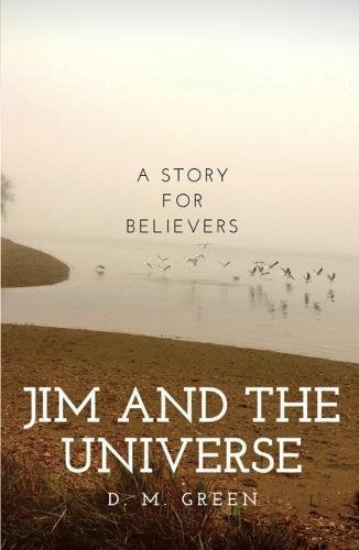 "Book cover with serene lake scene, birds, and title 'Jim and the Universe' in white text."