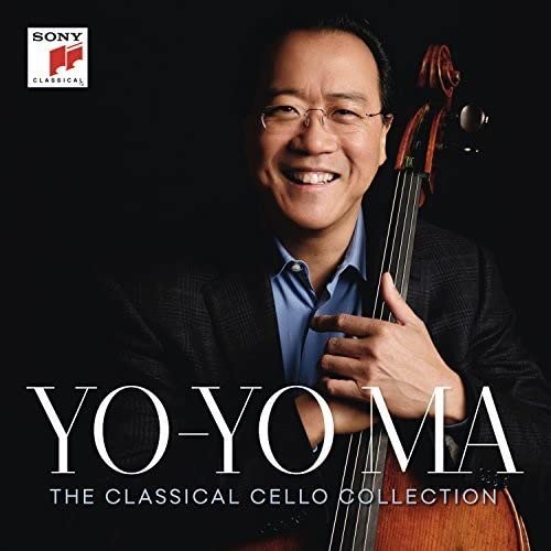 Yo-Yo Ma smiling, holding a cello, album cover for "The Classical Cello Collection".
