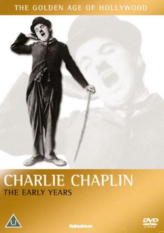 Alt text: DVD cover featuring Charlie Chaplin in a black and white image with gold background.