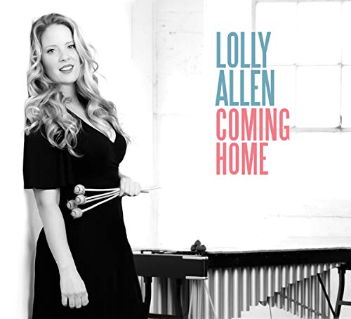 "Lolly Allen album cover with a woman holding mallets, standing beside a piano."