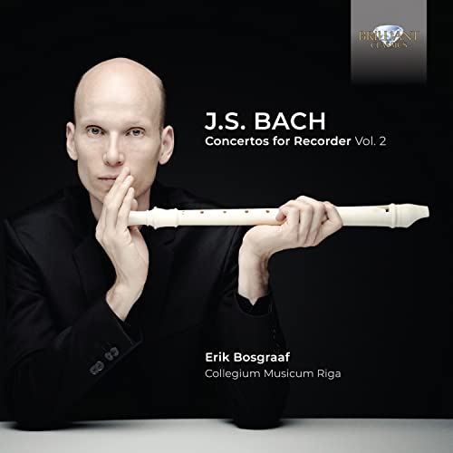 Man holding a recorder, album cover for Bach concertos, Vol. 2.