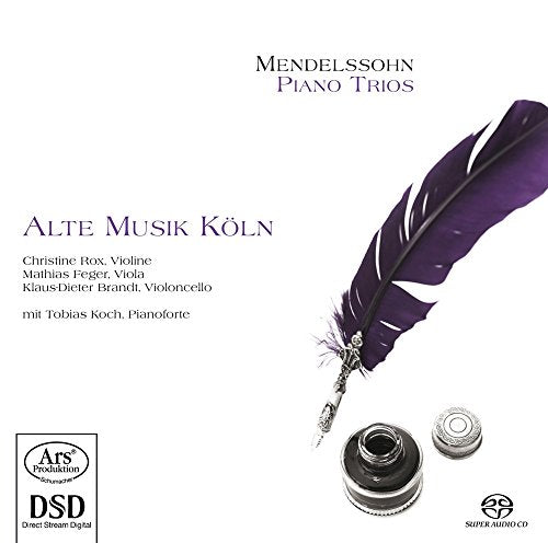 CD cover for Mendelssohn piano trios featuring a quill and inkwell.