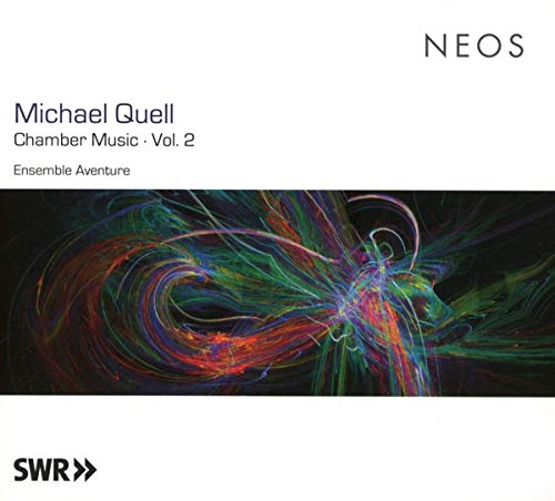 "Album cover with abstract swirling lines in multicolored hues on a black background."